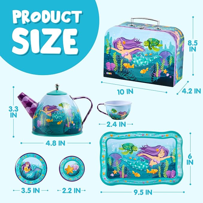 JOYIN Mermaid Tea Party Set for Little Girls, Pretend Tin Teapot Set, Princess Tea Time Play Kitchen Toy with Teapot, Cups, Plates, Carrying Case for Easter Birthday Gifts Kids Toddlers Age 3 4 5 6