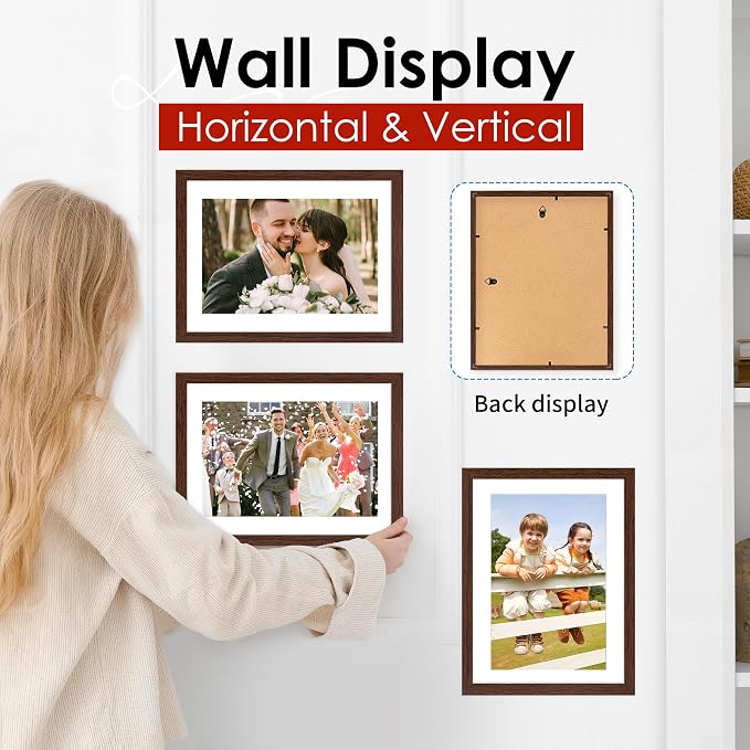 A4 Picture Frame Set of 2, Brown Photo Frame with HD Plexiglass, Display Pictures 6x8 with Mat or 8.3x11.7 Without Mat Multi Picture Frames Collage for Tabletop or Wall Display