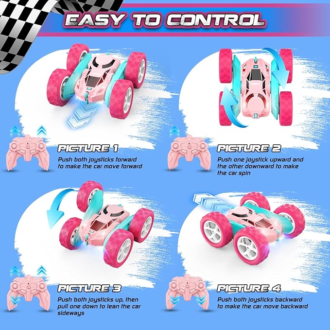 cosone RC Cars, Pink Remote Control Car for Girls, 2.4 GHZ Double Sided RC Stunt Car 360 Rotating Remote Control Cars with Headlights Toys for 6 7 8 9 10 11 12 Girls Birthday Gift