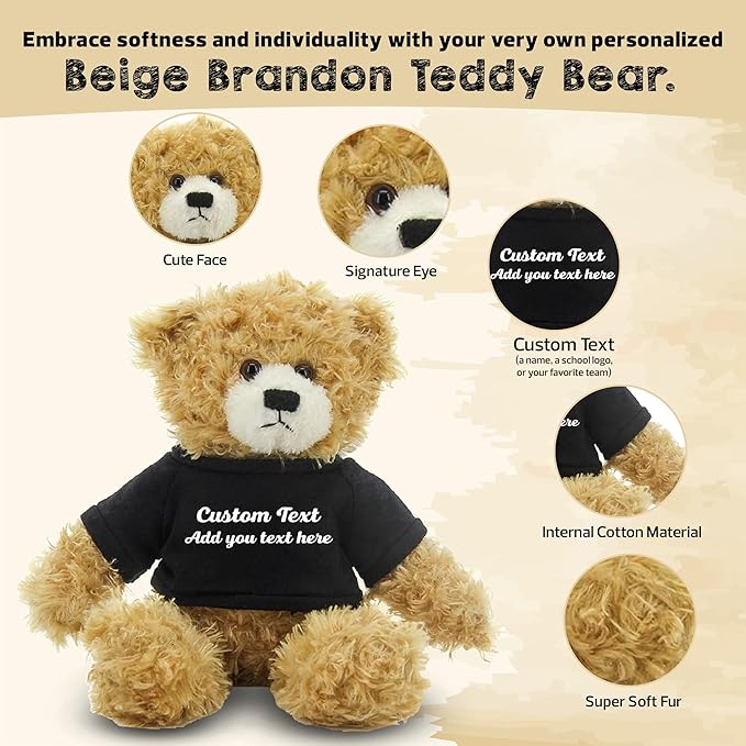 Customized Beige Brandon Bear - 12 inch Personalized Stuffed Bear Plush Toy - Perfect Custom Shirt Bear Gift for Graduation Valentines Graduation Easter Holidays (Black Shirt)