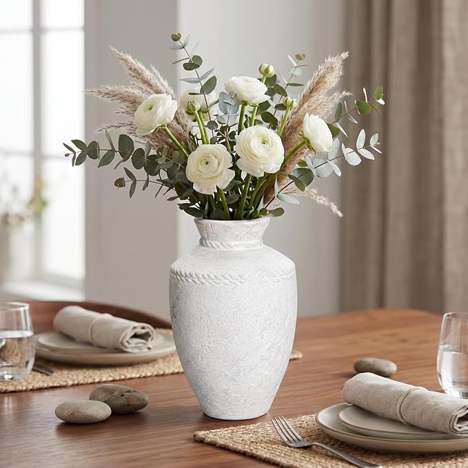 White Ceramic Flower Vase Home Decor 10 Inch Rustic Farmhouse Vase Decorative Pottery Terracotta Vases for Pampas Grass Dining Table Living Room Shelf Kitchen Bedroom Decor