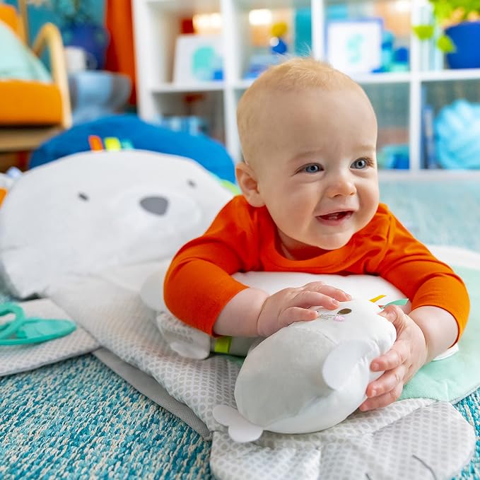 Bright Starts Tummy Time Prop & Play Baby Activity Mat with Support Pillow & Taggies - Polar Bear 35 x 29.5 in., Newborn and up