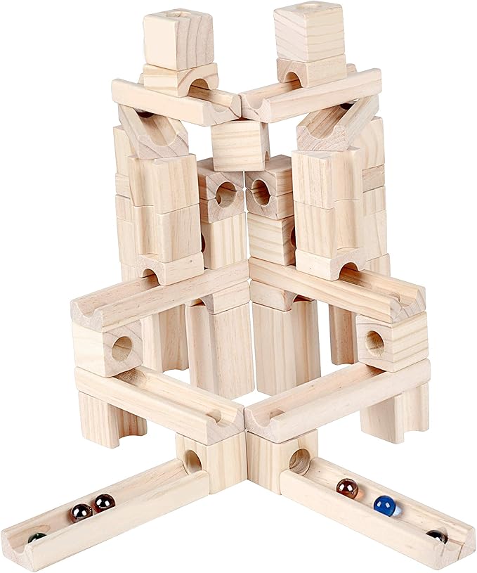 Wooden Marble Run STEM Learning Toys for Kids 4-8 | 60+ Expandable Building Blocks with Glass Marbles & Guide | Safe Birchwood Construction (ASTM Certified)