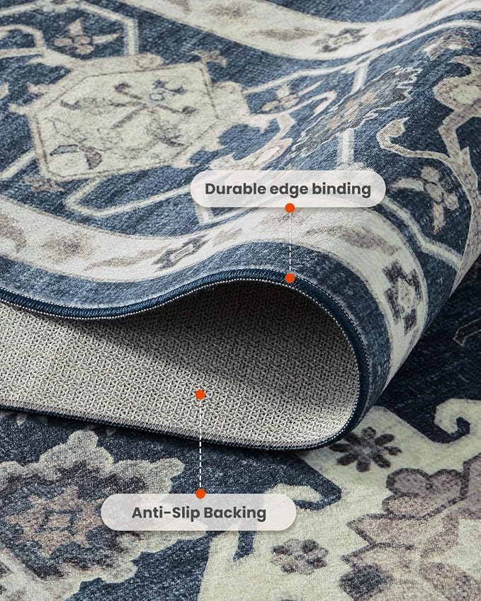 AMADA HOMEFURNISHING 8x10 Area Rug for Living Room,Vintage Washable Area Rug Low-Pile & Non-Slip Carpet for Bedroom Dining Room Nursery Home Office, Navy Blue/Brown