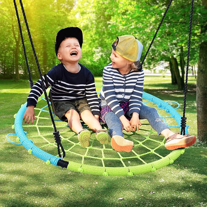 Trekassy 750lbs 40" Spider Web Saucer Tree Swing for Kids Adults, Outdoor Net Swing with Steel Frame and 2 Hanging Straps-Blue+Green (Patented)