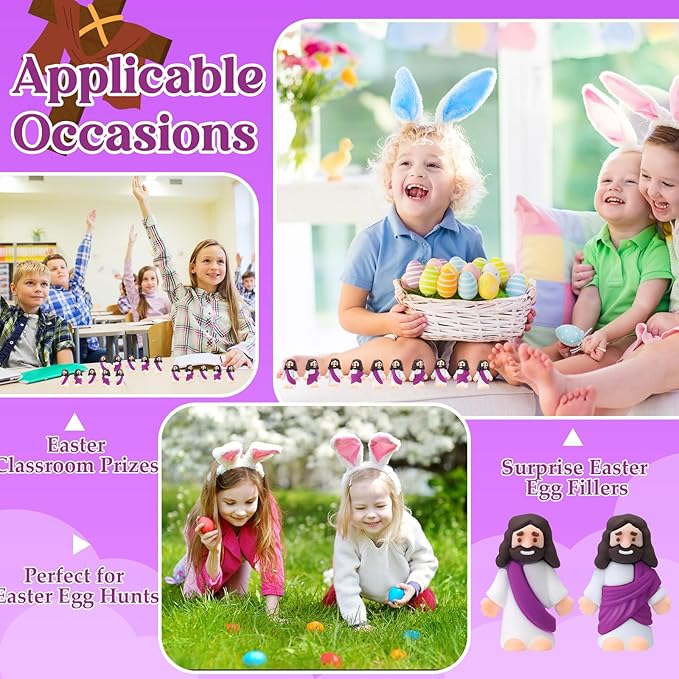 Bememo 300 Pcs Little Jesus Figures Bulk Original Design Mini Pocket Jesus Toys Rubber Figurine to Hide and Seek Religious Party Favors Sunday School Craft Baptism Gifts(Purple)