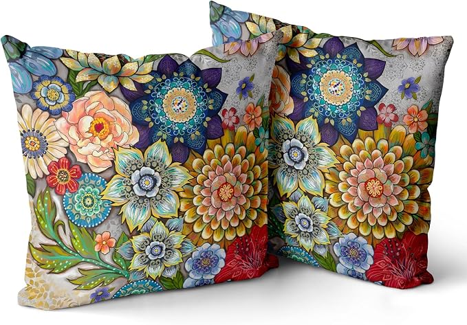 Snycler Boho Floral Throw Pillow Covers Set of 2 Colorful Boho Flower Decorative Cushions Pillowcase for Bedroom Sofa Home Decor, 20x20 Inch, Velvet, Short Plush