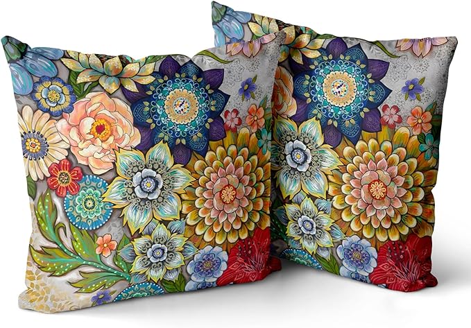 Snycler Boho Floral Throw Pillow Covers Set of 2 Colorful Boho Flower Decorative Cushions Pillowcase for Bedroom Sofa Home Decor, 18x18 Inch, Velvet, Short Plush