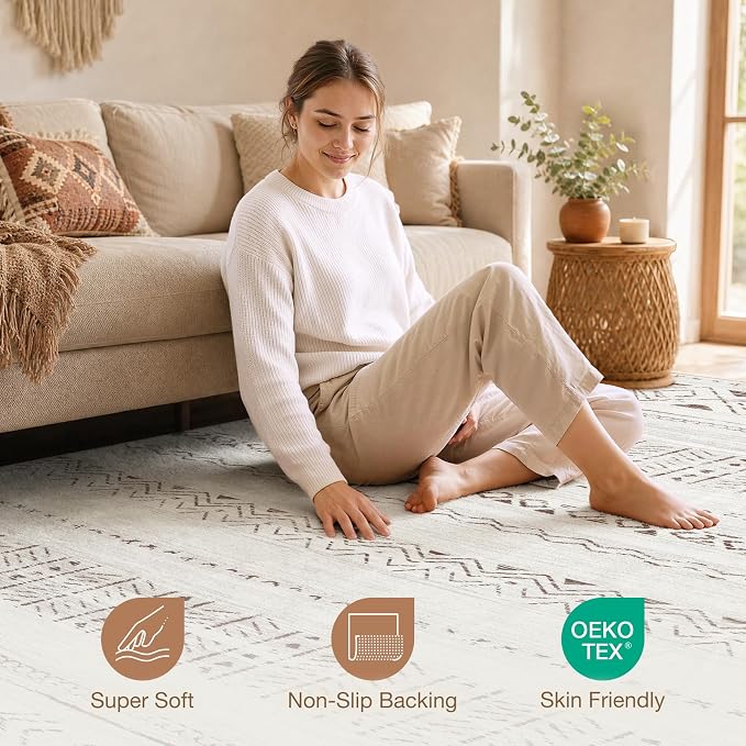 cotiled 10x13 Area Rugs Living Room Rug: Washable Boho Rugs with Non Slip Backing Large Soft Indoor Stain Resistant Carpet for Bedroom Farmhouse Dining Room Lightweight Home Decor L Brown/Cream