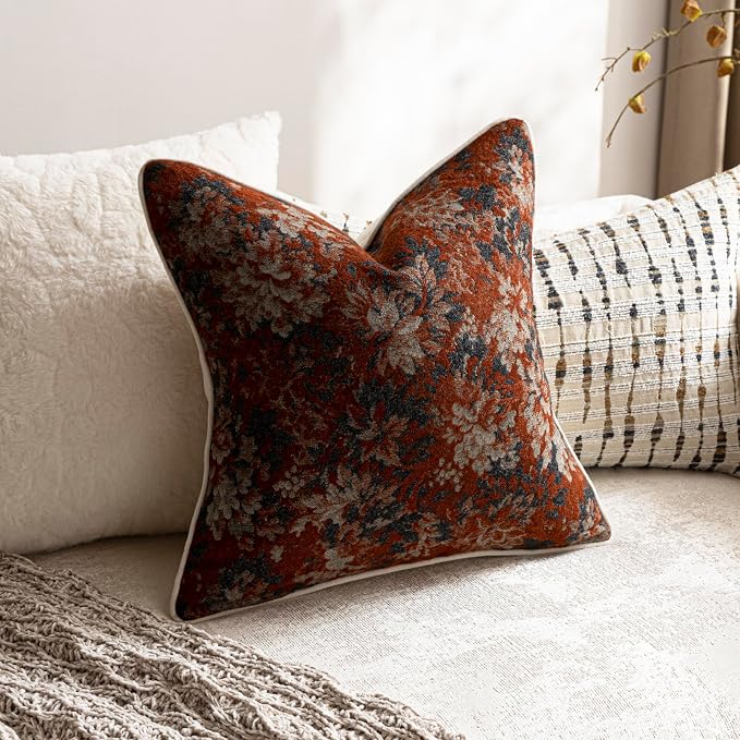 Pack of 2 Vintage Floral Throw Pillow Covers 20x20 Boho Farmhouse Accents Chenille Square Decorative Pillow Cases for Living Room Couch Bed Home Decor, Rust