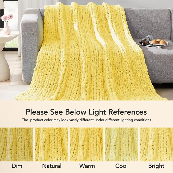 L'AGRATY Chunky Knit Throw Blanket for Couch, 50 x 60 Inches, Egg Yellow | Handmade Chenille Crochet Blanket for Sofa Bed, Thick Cable Knitted Blankets for Room Home Decor, Birthday Gift for Women Mom