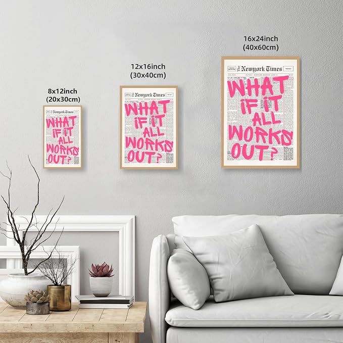 What If It All Works Out Poster Retro Newspaper Pink Wall Art Positive Affirmation Quote Minimalist Canvas Painting Prints Wall Decor Aesthetic for Home Bedroom Office 12x18inch Wooden Framed
