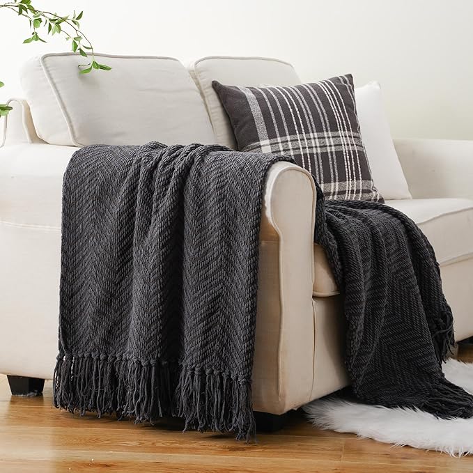 BATTILO HOME Dark Grey Throw Blanket for Couch, 60"x80" | Knit Charcoal Throw Blanket Versatile for Chair, Super Soft Warm Grey Blanket with Tassels for Bed, Sofa and Living Room