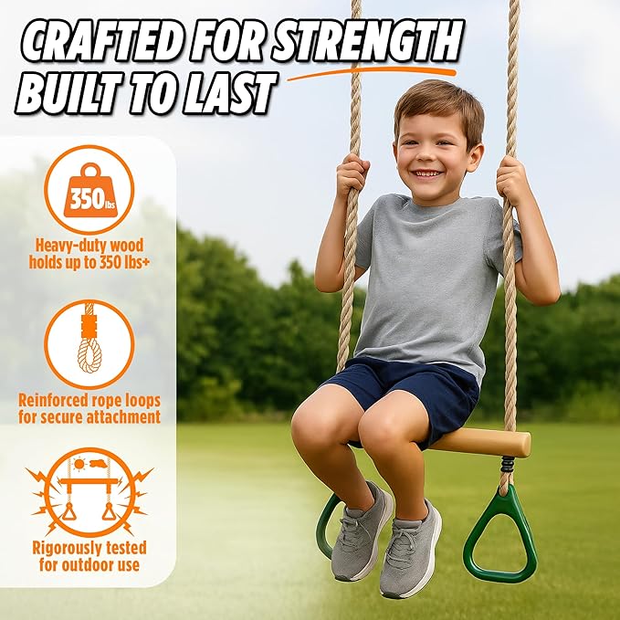 Wooden Trapeze Swing Bar for Kids - 18" Adjustable Height Monkey Bars Rings Swingset Accessories - Ninja Warrior Obstacle Course for Kids - Jungle Gym Accessories Playground Attachments
