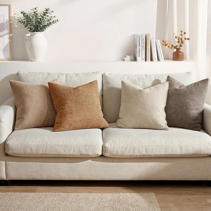 MIULEE Textured Chenille Throw Pillow Covers 18x18 Inch Beige | Pack of 2 Decorative Soft Throw Pillows, Solid Textured Cushion Covers, Modern Home Decor for Couch Sofa Bedroom Living Room