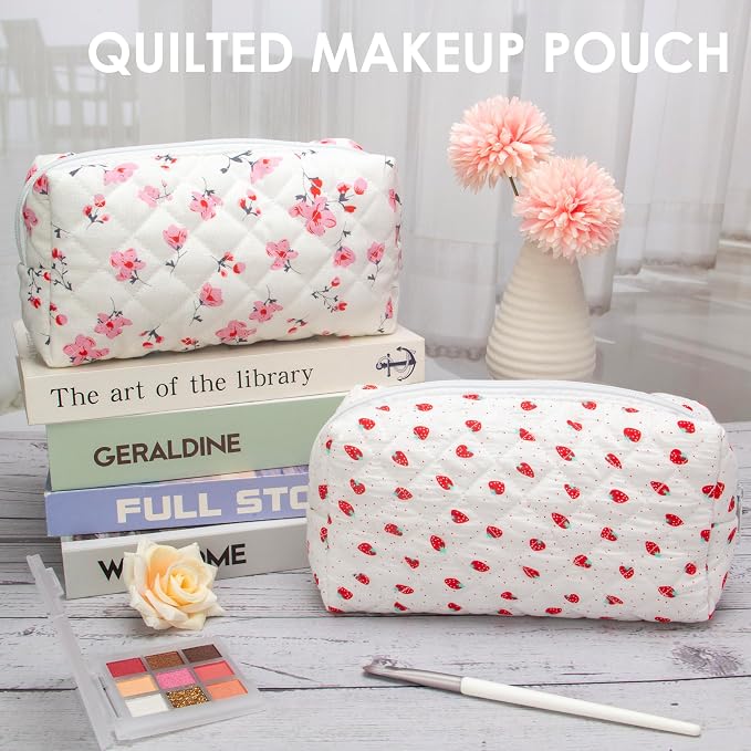 PAZIMIIK Small Quilted Makeup Bag,Zipper Cosmetic Pouch,Strawberry | Lightweight Cosmetic Bag Organizer for Women,Purse Storage Holds Makeup,Toiletries,Skincare,Beauty Essentials,Travel Items