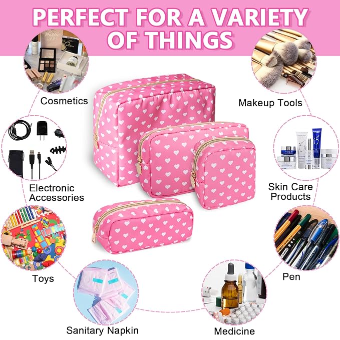 UIXIZQ Mini Makeup Pouch for Purse， Small Cosmetic Bag Pouch Nylon Travel Toiletry Organizers for Women Girls, Cute Storage Zipper Pouch Coin Purse for School Work Camping(Mini-Pink Heart)