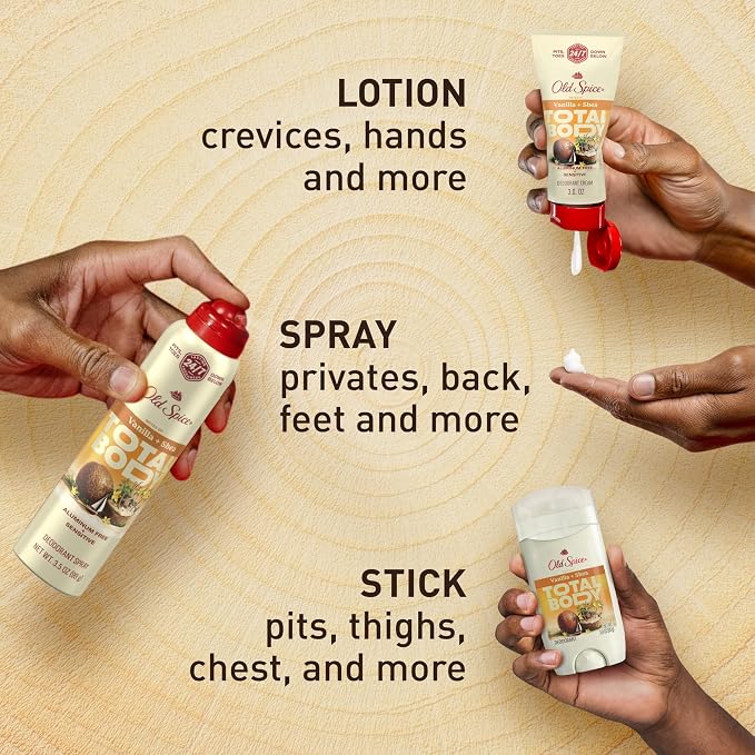 Old Spice Whole Body Deodorant Spray for Men, Aluminum Free, 24/7 Odor Protection, Dermatologist Tested, Gentle on Skin, Safe for Chest, Thighs, Feet, Whole Body Use, Vanilla + Shea Scent, 3.5 oz