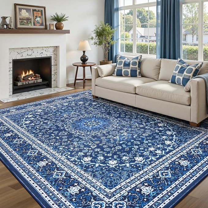 6x9 Area Rugs for Living Room, Washable Non-Slip Rug, Oriental Dark Blue | Area Rugs for Bedroom, Low Pile Large Carpets for Dining Room, Office, Indoor, Stain Resistant Vintage Oriental Print Rug