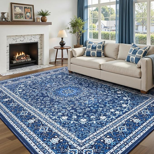 6x9 Area Rugs for Living Room, Washable Non-Slip Rug, Oriental Dark Blue | Area Rugs for Bedroom, Low Pile Large Carpets for Dining Room, Office, Indoor, Stain Resistant Vintage Oriental Print Rug