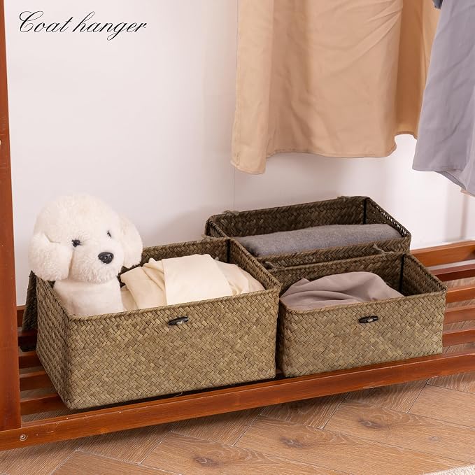 Nonam Seagrass Storage Baskets with Lid Set of 3,Wicker Basket Storage Bin for Shelves,Rectangular,Boho Decor,Handwoven Shelf Basket for Organizing-Storage Container Box for Home Organization-Coffee