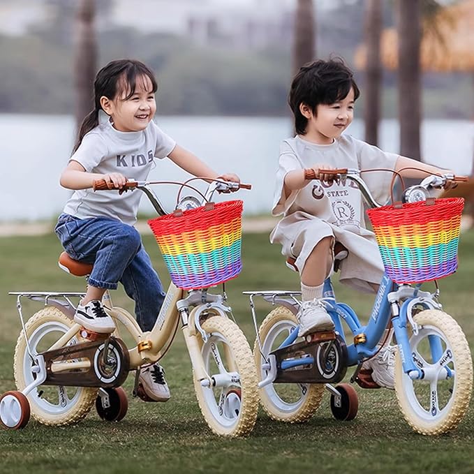 Kids Bike Basket, Wicker Handlebar Bicycle Basket for Girls With Unicorn Necklace, Bell, Streamers, Stickers Decoration Accessories Set