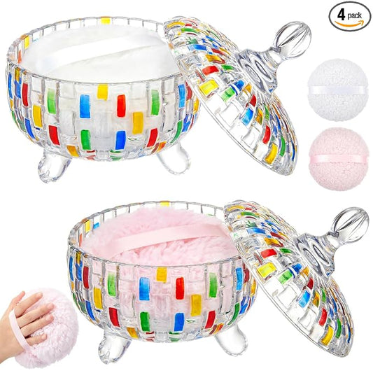 Tioncy 2 Set Extra Large Body Powder Puff and Container, 6'' Washable Vintage Decorative Crystal Powder & Container Gift for Bathroom Counter & Feminine Vanity Decor(Weave Design,Multicolor)
