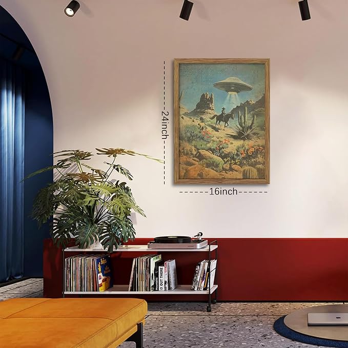 Framed Vintage Intergalactic Western Canvas Wall Art, Alien UFO Abducting Cowboy, Desert Cactus and Flowers Wall Decor, Retro Sci-Fi Poster for Living Room Bedroom – Dark Wooden Frame 16x24in