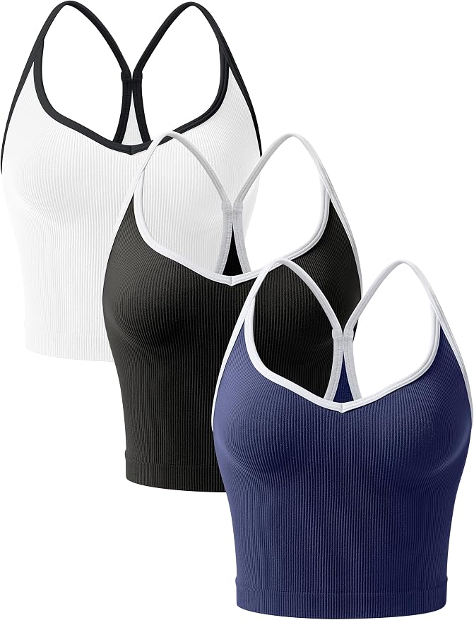 OLCHEE Womens 3PK Crop Tank Tops Seamless Ribbed Sweetheart Neck Racerback Spaghetti Straps Contrast Trim Workout Yoga Cami