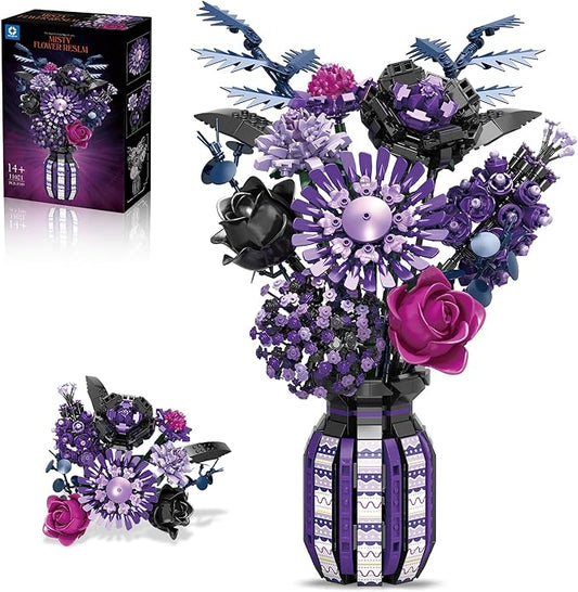 Purple Flower Bouquet Building Set with Vase Plant Botanical Collection for Adults Women Girl 14+ Gothic Home Decor