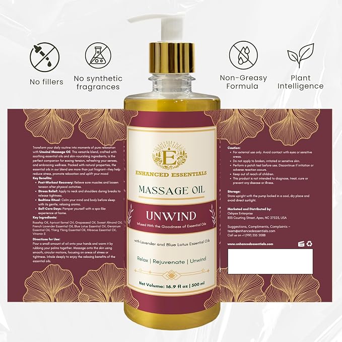Unwind Massage Oil with Rosehip,Apricot & Vitamin E by |Scented with Pure Essential Oils only|Silky,Relaxing & Nourishing|Ideal for Date Nights||16.9 fl oz (500ml)