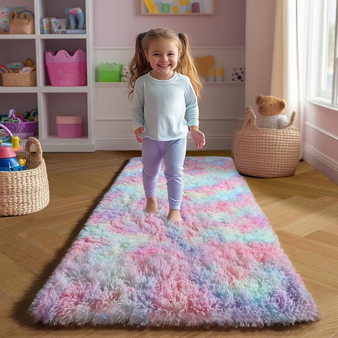 Amdrebio Rainbow Unicorn Pastel Shag Runner Area Rug 2x6 for Girls Bedroom | Fluffy Furry Fuzzy Shaggy Cute Kids Carpet, Nursery Classroom Playroom Preppy Dorm Home Decor, Colorful, Baby Toddler Corner