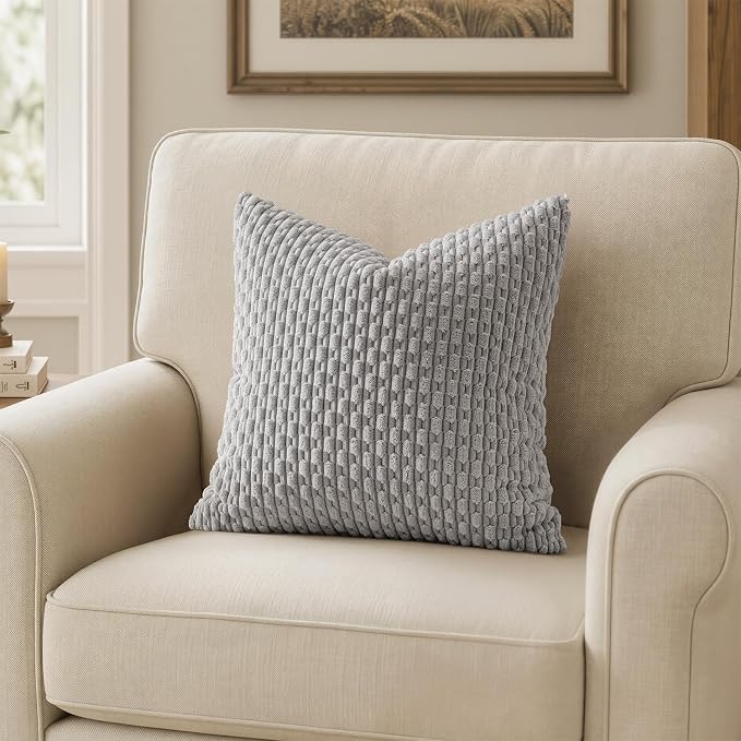 MIULEE Euro Sham Decorative Throw Pillow Covers 24x24 Light Grey Corduroy | Textured Striped Pack of 2 Striped Pillow Covers Modern Farmhouse Home Decor for Couch Bed Sofa Living Room