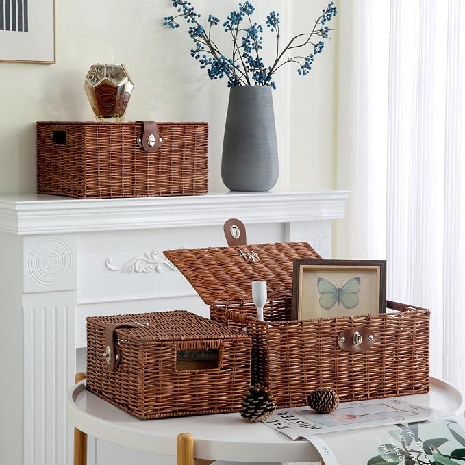 Set of 3 Woven Wicker Storage Basket Box with Lids & Lock, Built-in Carry Handles, Multifunctional Storage Organizer for Nursery, Baby, Toys, CLoset, DVD Large/Medium/Small Size (Natural)