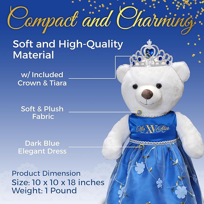 Quinceañera Teddy Bear 18-inches Tall with Dress for 15th Birthday, Quince Bear with Matching Crown, Ideal Keepsake for 15th Birthday, Mis XV Años - Dark Blue