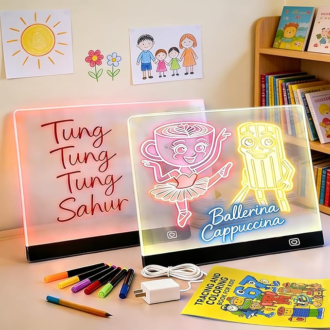 2026 2 Pack Battery Powered LED Drawing Board for Kids Ages 6+, 13.7" x 10" Light Up Dry Erase Boards with Colors, 7 Color Modes, Stand, Markers, Spray Bottle & Italian Brainrot Tracing Booklet