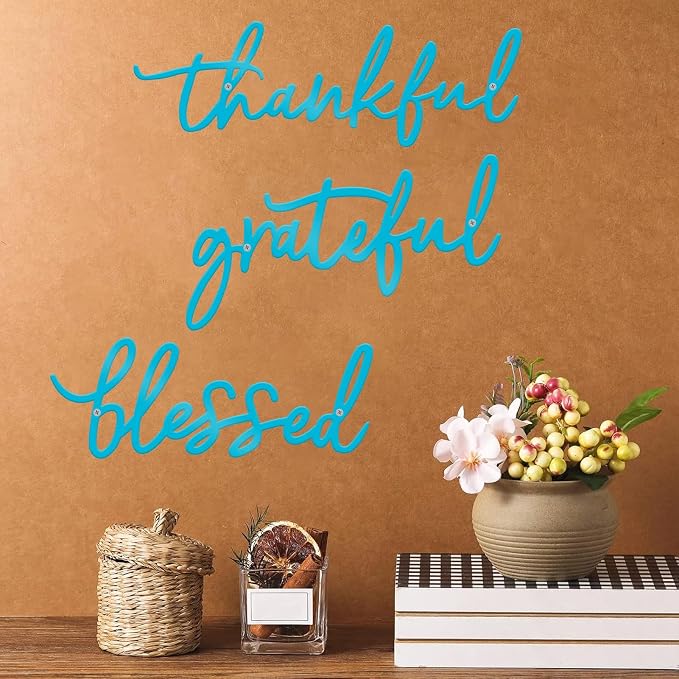 Thankful Grateful Blessed Letter Sign Metal Wall Decor, 3 Piece Black Letters Wall Art for Bathroom Bedroom Metal Words Wall Decor for Home Decor (Blue)