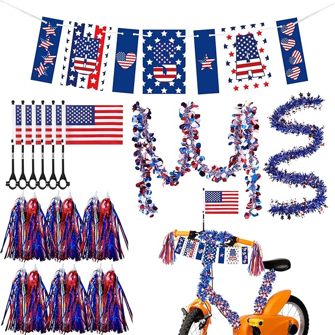 6 Sets Bike Decorations for 4th of July American Flag and Patriotic Bicycle Handle Bar Ribbon Streamer Bike Accessories for Kids July 4 Independence Day Red White and Blue