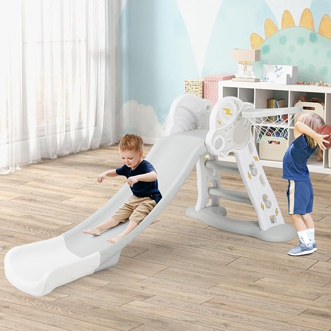 INFANS Toddler Slide, 4 in 1 Indoor Kids Slide Wave Slideway Max Load 330lb for Age 18+ Months with Basketball Hoop Ball, Outdoor Climber Freestanding Playset, Sturdy Plastic Playground Toy
