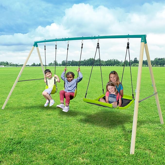 Sportspower Swing & Fly Metal Swing Set with 2 Sling Swings & 2-Person Skyflyer Swing, Heavy-Duty 2" Steel Frame, Outdoor Playset for Kids, Bonus 4-Piece Anchor Kit