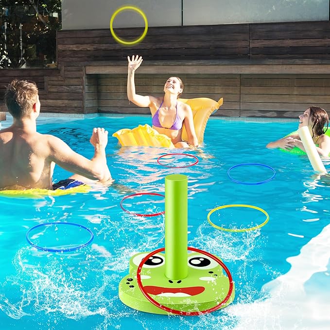 Hiboom Pool Ring Toss Games Toys, Swimming Pool Games for Adults and Family with 6 Pcs Throwing Rings, Water Foam Toss Float Toys for Summer Outdoor, Beach, Yard, Party(Frog)