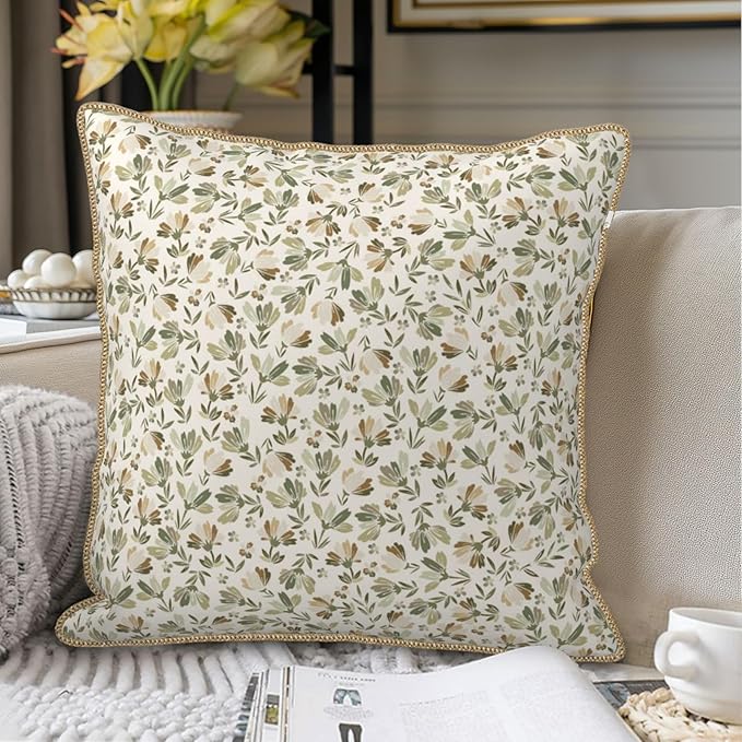 KSLIDS Sage Green Beige Floral Soft Velvet Throw Pillow Covers Set of 2 Vintage Brown Flower Decorative Pillow Covers 18x18 Inch Rustic Pillow Case for Sofa Couch Bedroom Farmhouse Home Decor