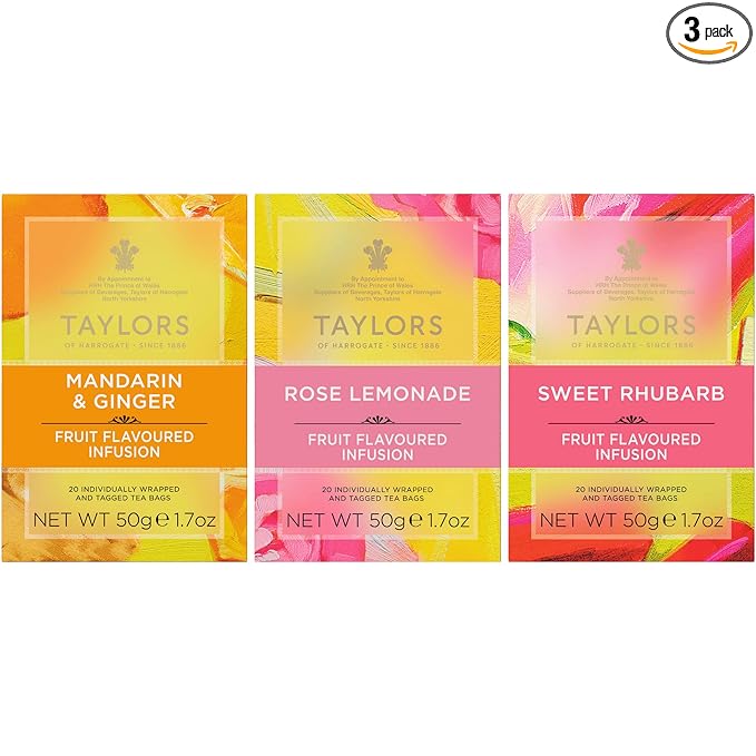 Taylors of Harrogate Herbal Tea Fruit Infusions Variety Pack – Mandarin Ginger, Rose Lemonade & Sweet Rhubarb – Caffeine-Free – 60 Tea Bags (Pack of 3)