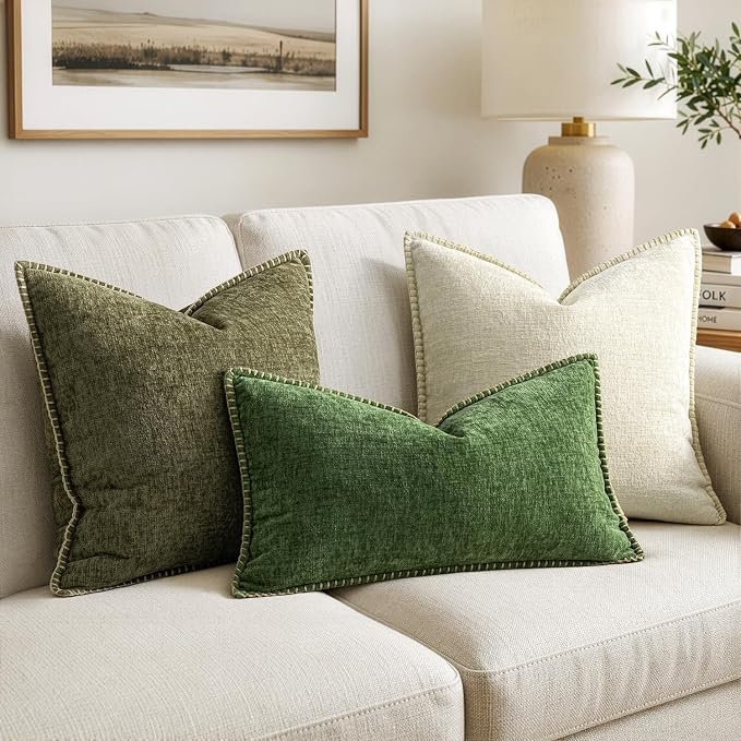 MIULEE Decorative Lumbar Throw Pillow Covers 12x20 Inch Forest Green 2 Pack | Farmhouse Pillow Covers with Stitched Edge, Soft Chenille Cushion Cases, for Couch Sofa Bed Living Room Home Decor,Moss Green