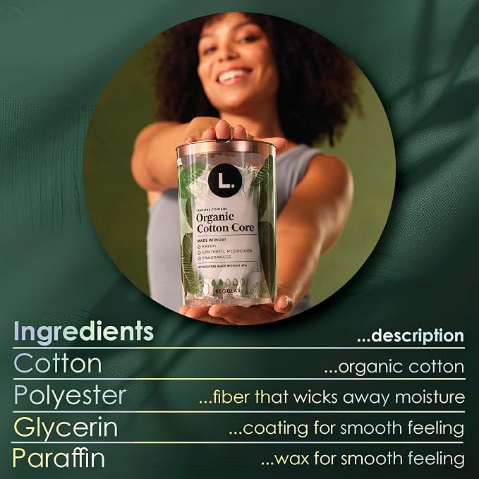 L. Cotton Tampons Regular Absorbency, Contains an Organic Cotton Core, Made Without Synthetic Pesticides, or Fragrances, 84 Count
