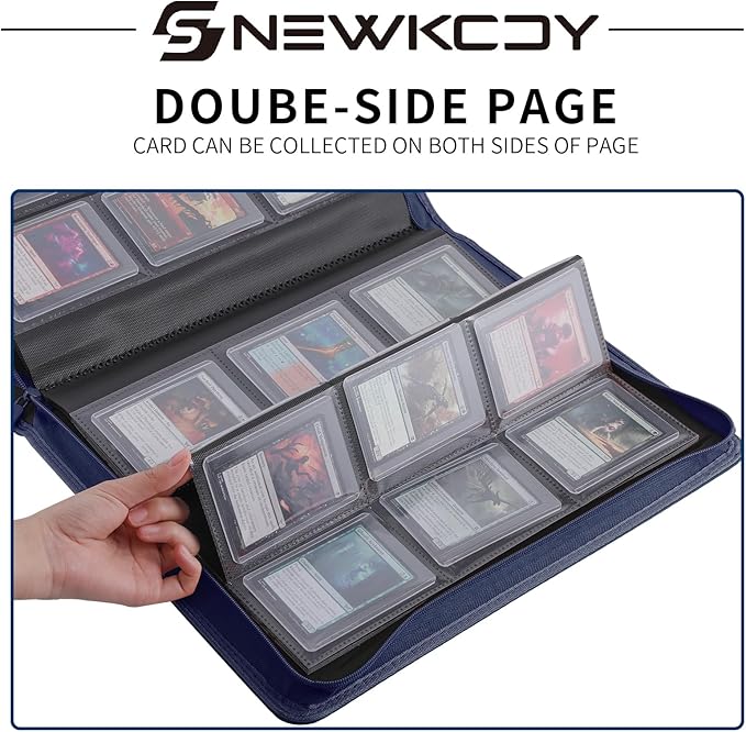 Snekdy Top loader Binder, 9 Pockets Top Loader，Holds 360 Top Loaders cards, Card binder with Sleeves for card in 3 x 4 inches color smooth Zipper PU Leather (Blue)