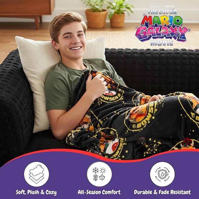 The Super Mario Galaxy Movie Kids Throw Blanket, Boswer & Jr., 46 in x 60 in, Soft Cozy Decorative Blanket for Couch, Bed, or Gaming Room (Officially Licensed Product) by Franco