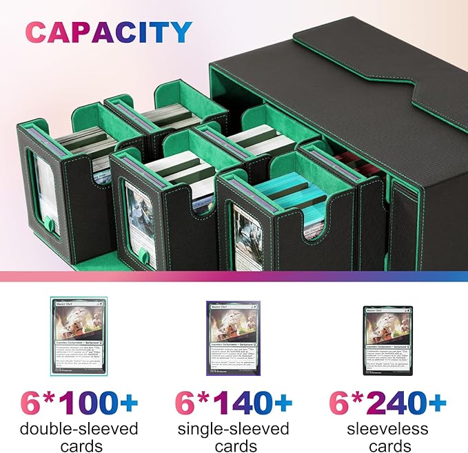 UAONO Commander Deck Box for MTG, 6-Deck Modular Card Case with Dice Tray Holds 600+ Double-sleeved Cards, Removable Trading Cards Storage Box with 35PT Magnetic Card Holders for TCG, Black Green