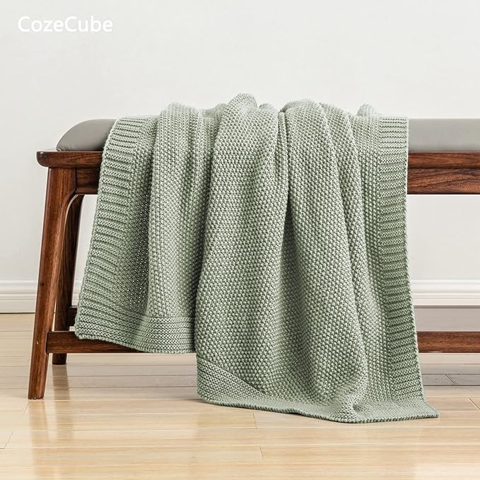 CozeCube Sage Green Seed Stitch Throw Blanket 50"x60", Farmhouse Decor | Blanket for Couch, Soft Cozy Cable Knit Throw for Bed Sofa Living Room, Lightweight Warm Decorative Christmas Blanket