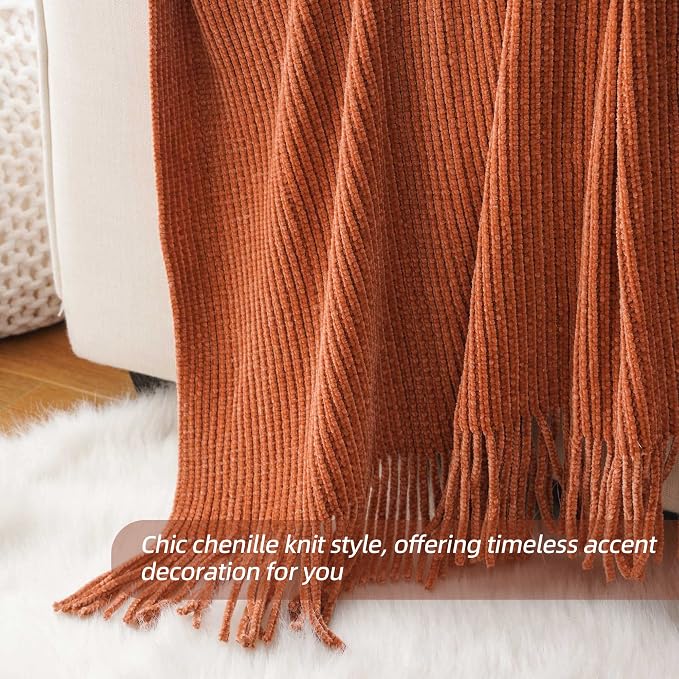 BATTILO HOME Rust Orange Throw Blanket for Couch, 60"x80" | Soft Chenille Throw Blanket with Tassels for Fall Decor, Fall Throw Blanket for Home Decoration